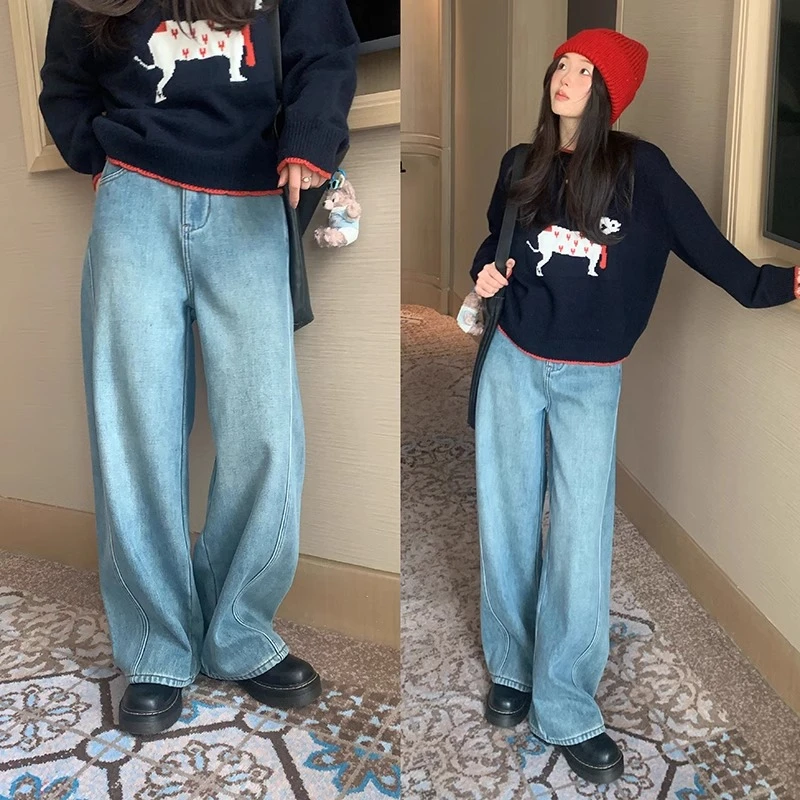 一三良品小个子 冬日收官～复古加厚加绒阔腿牛仔裤女冬T4C53