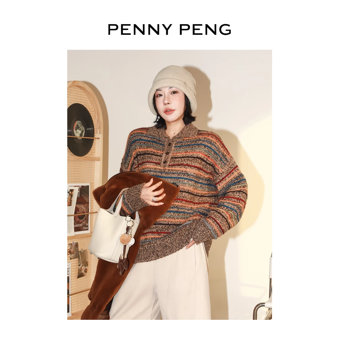 PENNYPENG织线油画 秋冬新款复古油彩色条纹时尚针织羊毛羊绒上衣