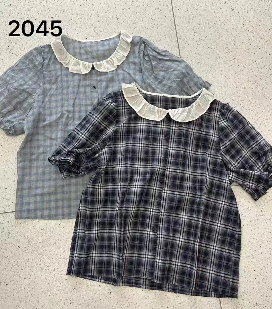 2045 棉质白色娃娃领千鸟格子短袖小衫 夏季韩版翻领洋气休闲