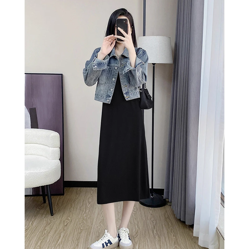 春装复古蓝色牛仔短外套搭无袖背心连衣裙两件套女显瘦打底中长裙