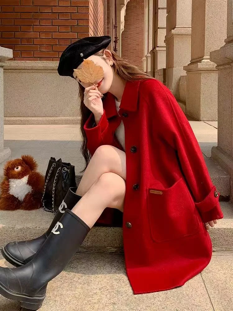 【皮标款】纯色羊毛大衣女秋冬季韩版宽松中长款风衣外套