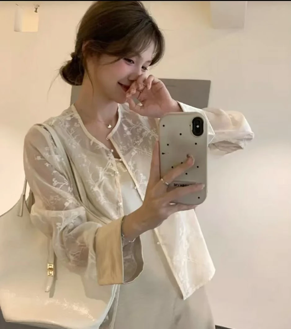 【6-8米运补】夏季欧根纱提花防晒衬衫新中式高级感轻奢薄百搭上衣