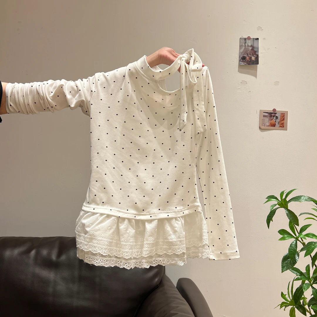 白色波点印花长袖T恤女2025秋季新款蕾丝花边设计感显瘦上衣