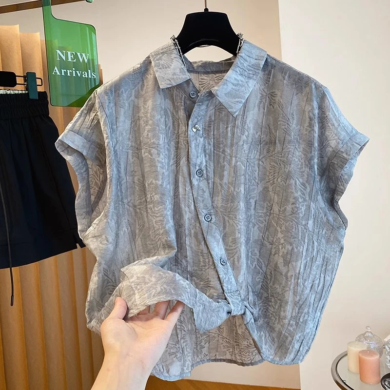 高级纹理感薄款提花短袖衬衫上衣女夏季新款宽松洋气大码衬衣显瘦