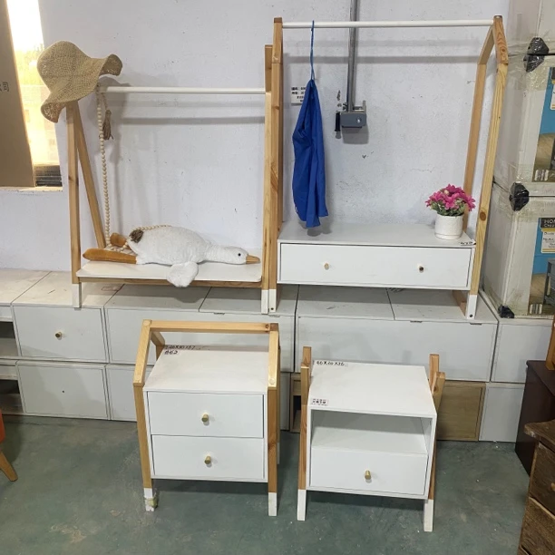 四件套！875实木白色床头柜收纳柜落地衣架