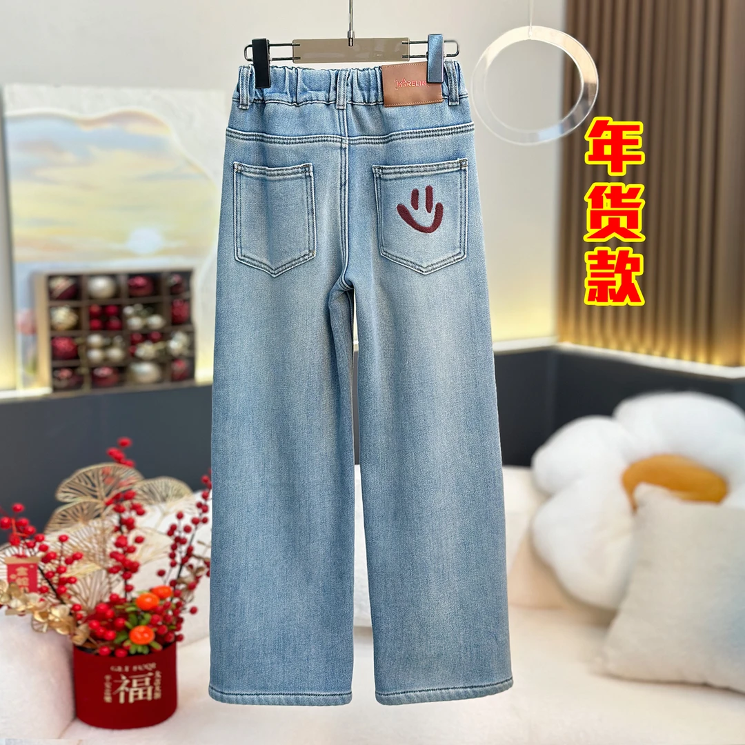 【弹力】女童加绒刺绣笑脸阔腿裤版型好牛仔阔腿裤3826