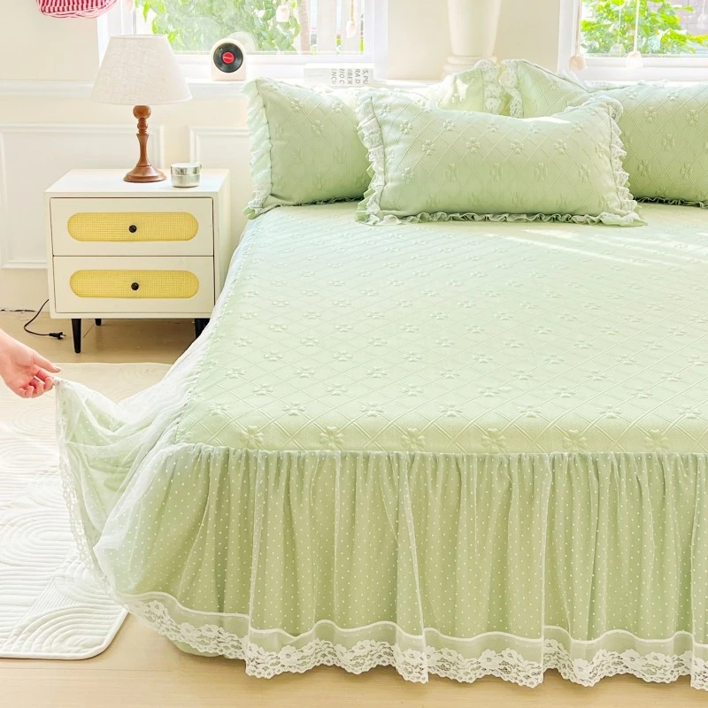 水星高端系列家纺冰豆豆床裙款凉席夏被四件套公主风绿色冰丝席床