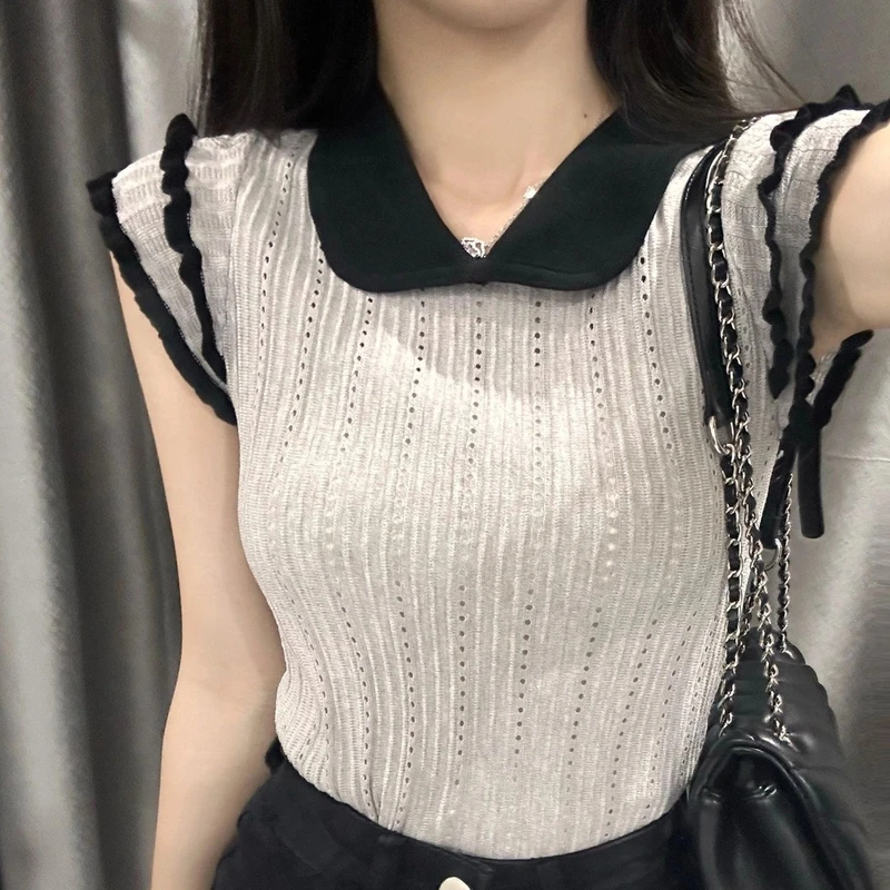 灰色娃娃领短袖t恤针织衫夏季法式小飞袖小个子精致短款修身上衣