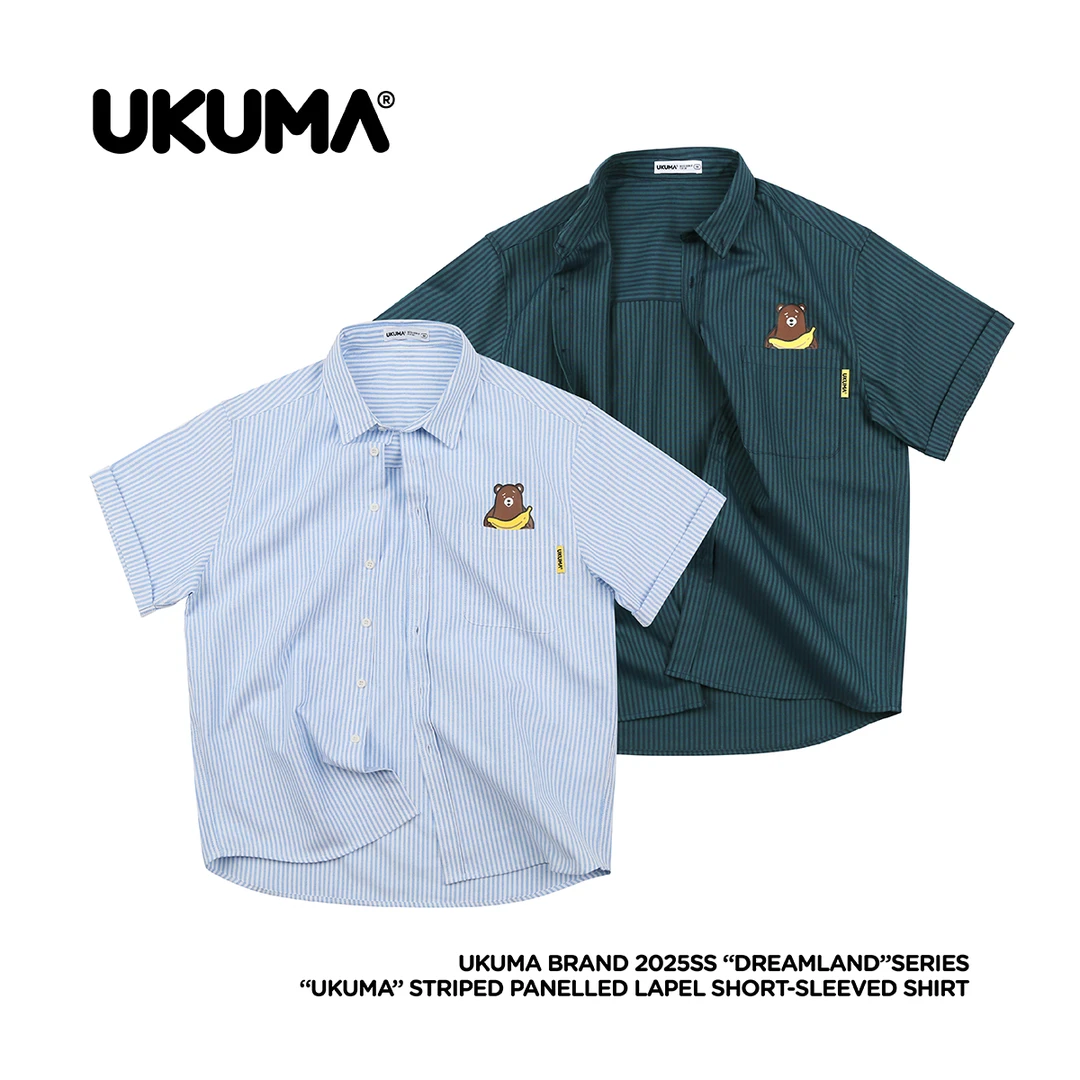 UKUMA香蕉熊系列夏季新款条纹牛津纺短袖衬衫外套日系休闲衬衣