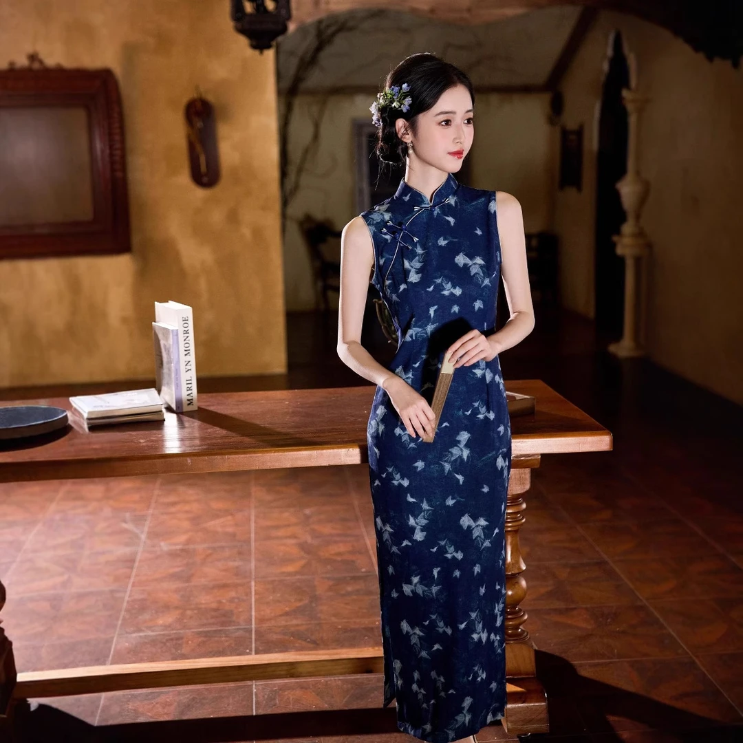 【梦韵】夏季新款旗袍天蓝色无袖显白旗袍新中式国风气质收腰旗袍