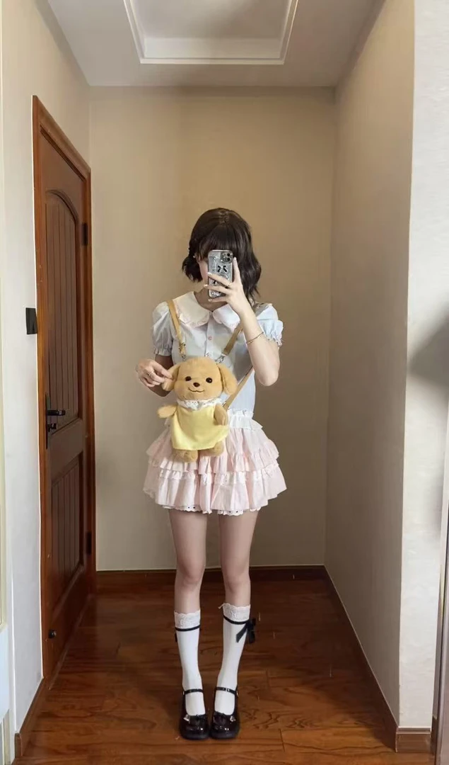 兔兔学院蓝撞粉色衬衫+半身裙衬衣lo软妹服