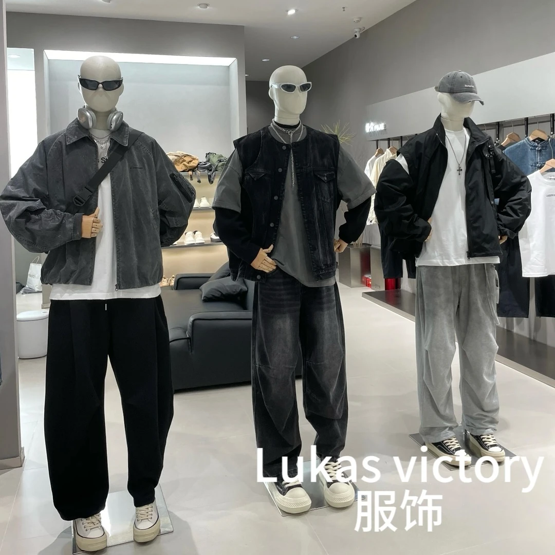 HI-K155-秋季新款满印牛仔棋盘格翻领做旧复古水洗时尚宽松外套