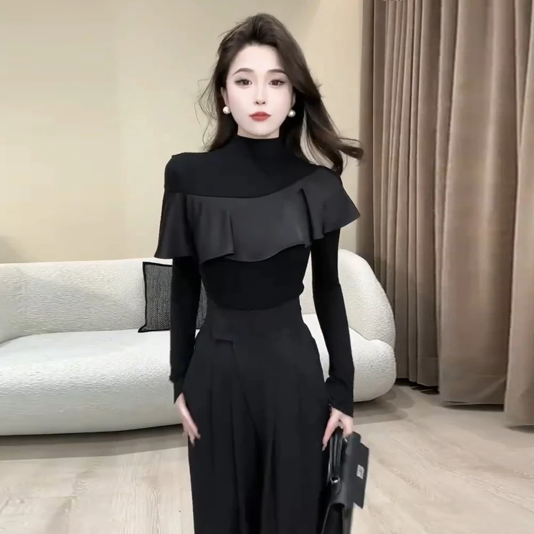 拉夏贝尔法式气质黑色荷叶边长袖T恤女2025秋季新款修身显瘦上衣