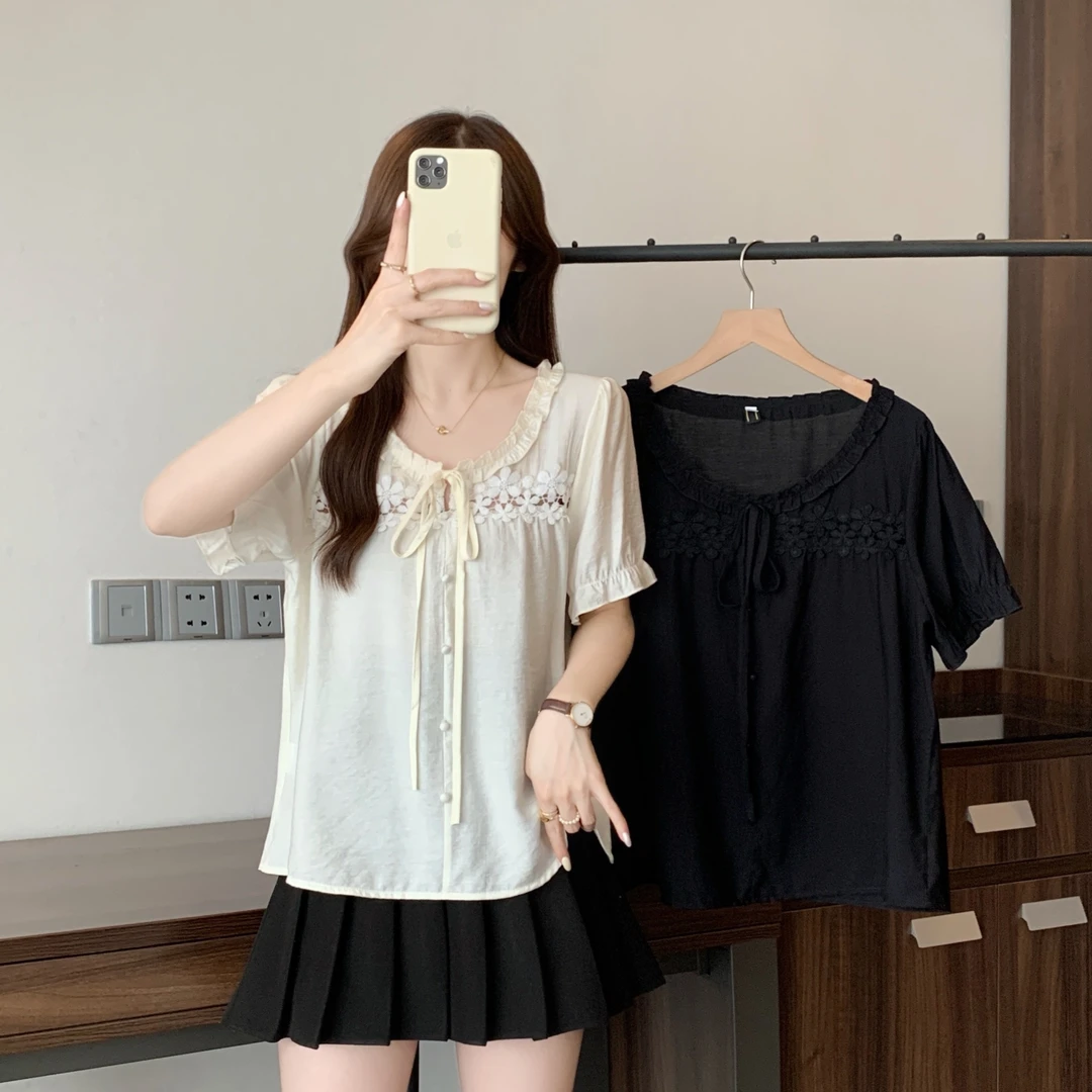 清2025夏季胖mm大码设计感蕾丝花边短袖衬衫法式通勤上衣64695