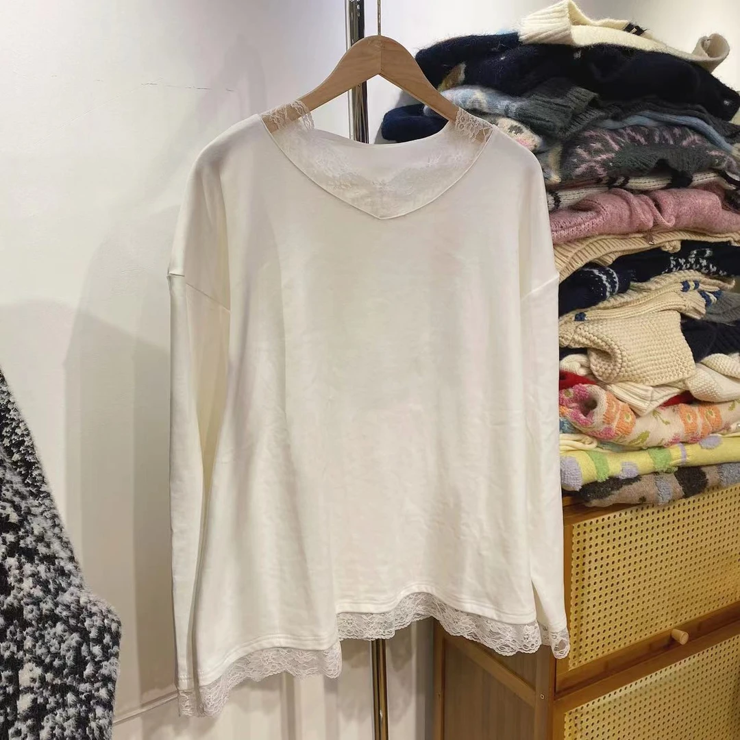 V领蕾丝秋冬长袖内搭德绒打底衫女宽松大码DZ