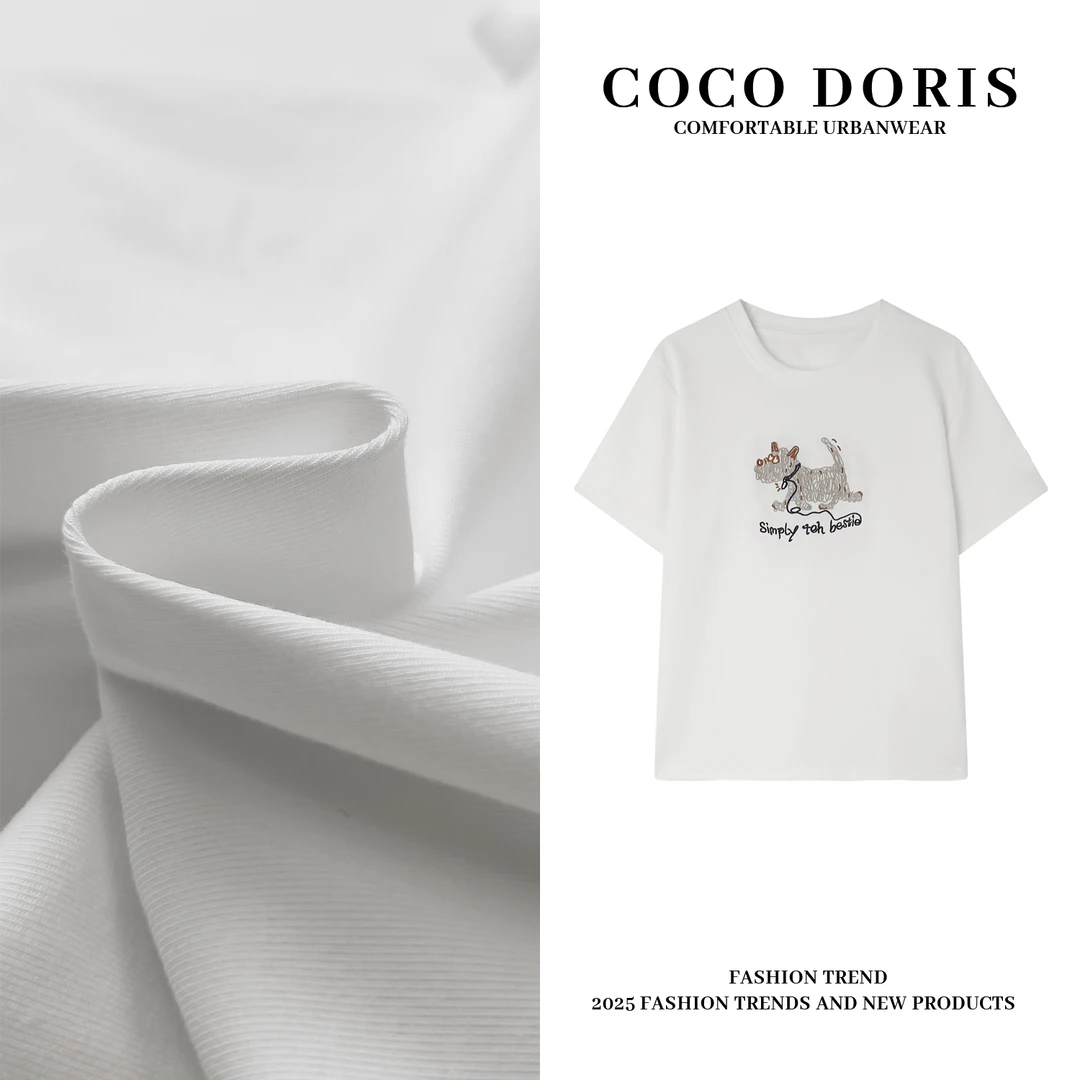 COCO DORIS 2025春夏新款小狗刺绣圆领T恤通勤百搭短袖上衣L721