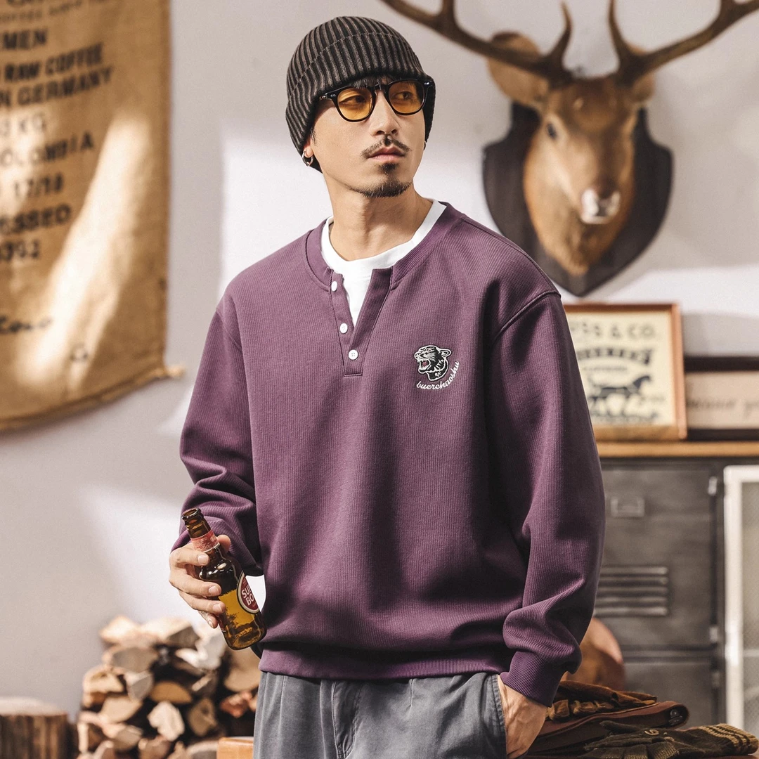 美式复古假两件卫衣男潮牌2025新款秋冬重磅宽松亨利领紫色上衣男
