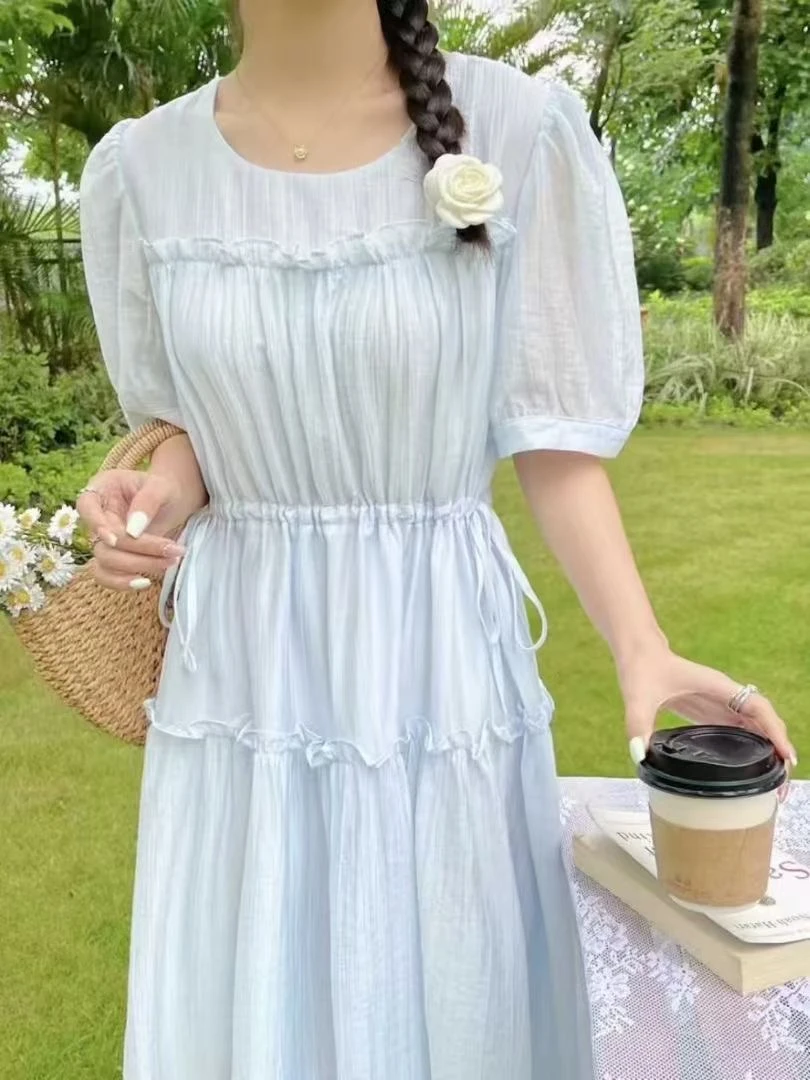 A551#2025夏季法式小洋裙百搭圆领气质连衣裙裙子泡泡袖长裙时尚
