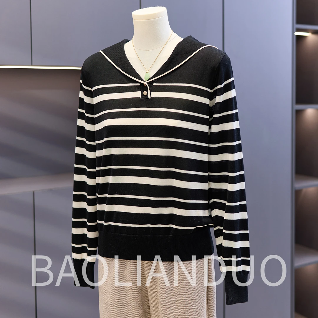 【宝莲朵】妈妈秋装条纹针织小衫中年女装新款上衣服中老年薄款毛衣