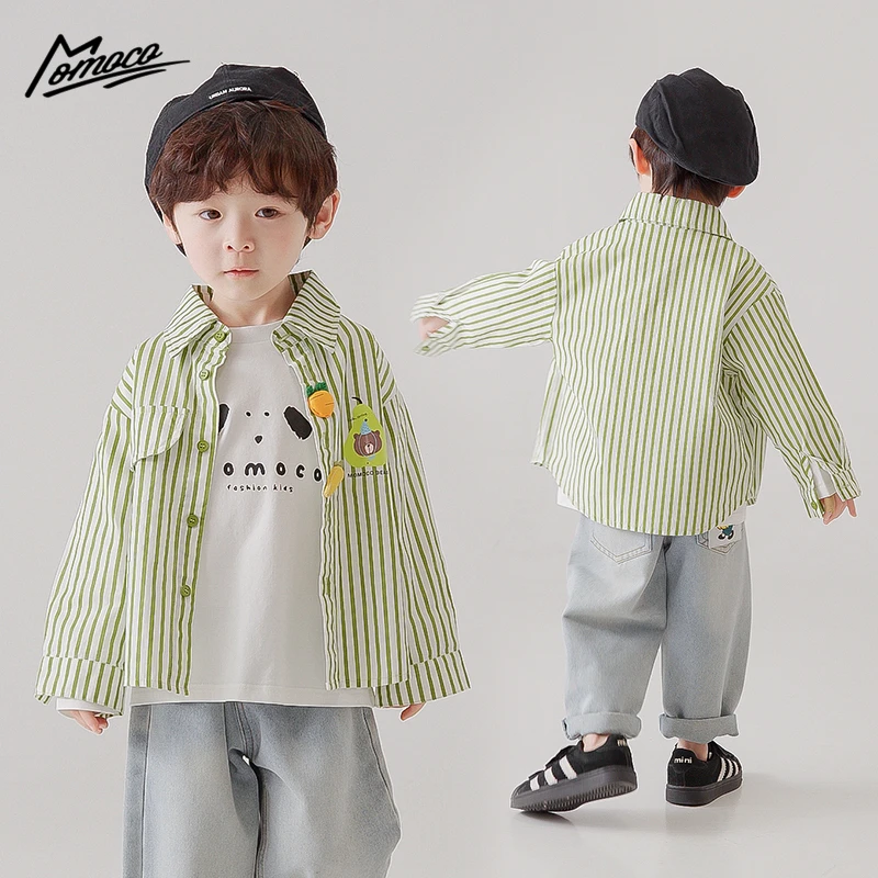 MOMOCO2025款秋季男童韩系蔬菜条纹衬衫洋气休闲上衣77330234014