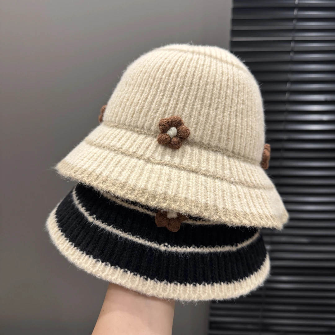 ins韩系手工花朵女童秋冬季洋气针织渔夫帽宝宝韩版拼色水桶帽暖