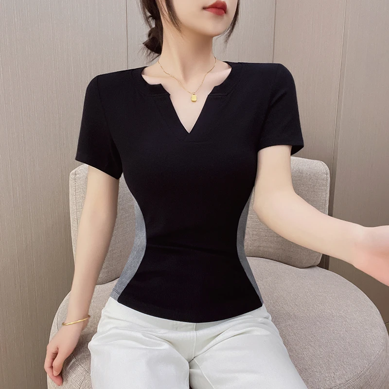 富家千金风螺纹小V领常规拼色短袖显瘦T恤夏季新款气质洋气女衣服