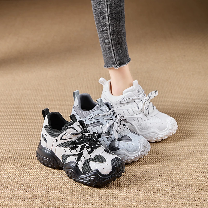 艾格鸟增高8cm老爹鞋女ins潮2025春新款网面休闲鞋厚底内增高女鞋