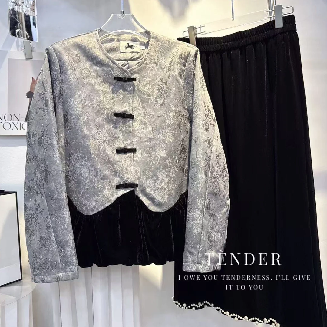 小迪家新中式国风缎面提花丝绒拼接春秋新款高级感外套25906