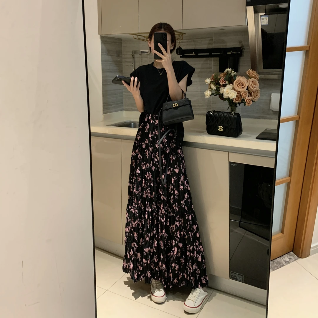 高级碎花半身裙2025春夏高腰气质百搭口袋大摆显瘦中长款半身裙女