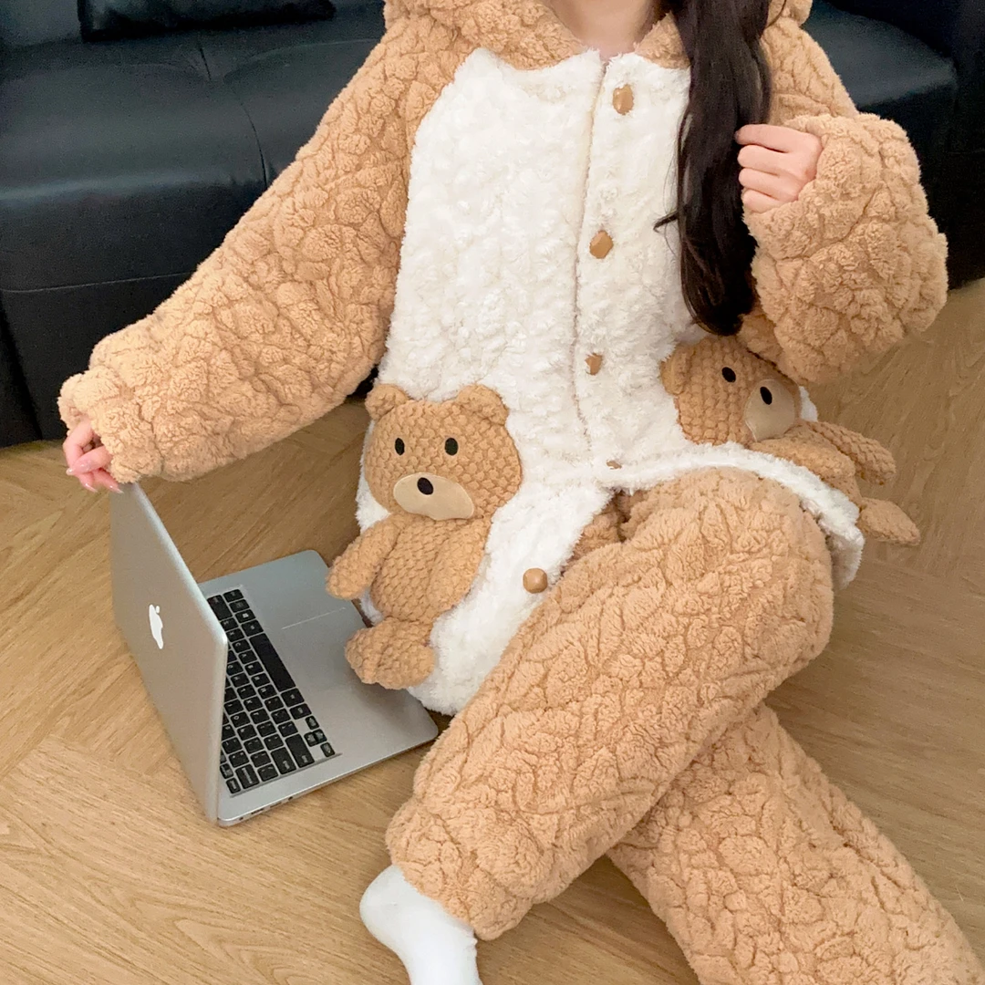 三层夹棉秋冬季睡衣女长袖长裤连帽卡通小熊加厚保暖家居服套装冬