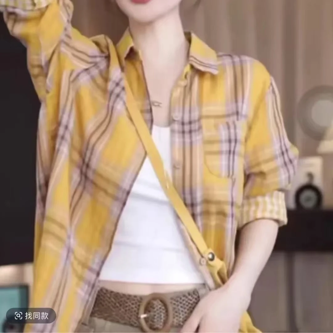 复古印花格子衬衫百搭韩版单面衬衣2025春夏新款高级感上衣