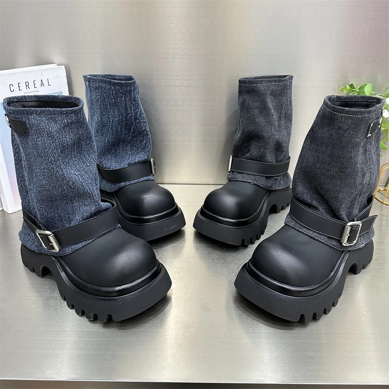 女士休闲百搭厚底时尚黑色复古高帮秋冬圆头高筒弹力靴新款潮流鞋