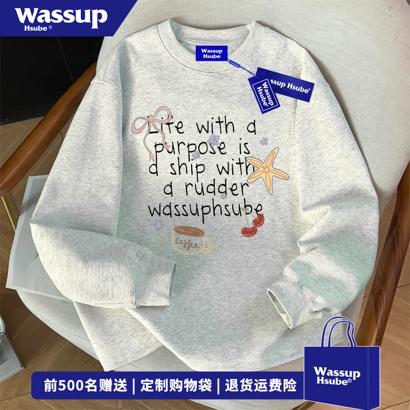 WASSUP HSUBE趣味卡通印花长袖男女百搭T恤秋季宽松圆领休闲上衣