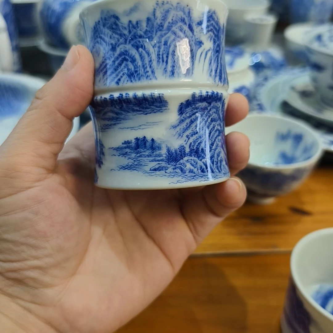 天***蓝琉璃手工艺品全手工山水竹节杯（福利品）