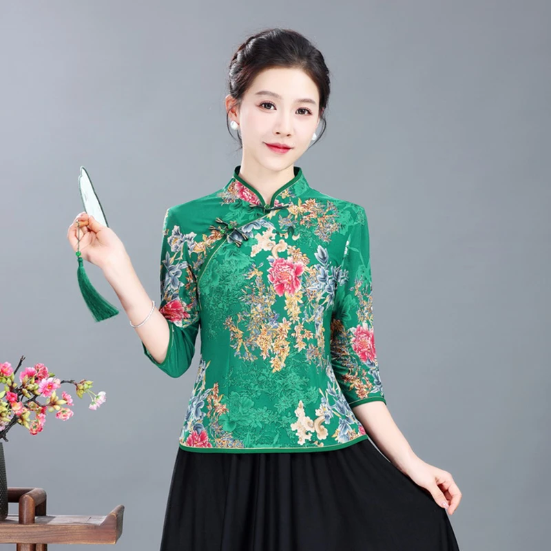 夏季中袖旗袍小衫时尚气质显瘦盘扣碎花短款印花上衣新中式妈妈装