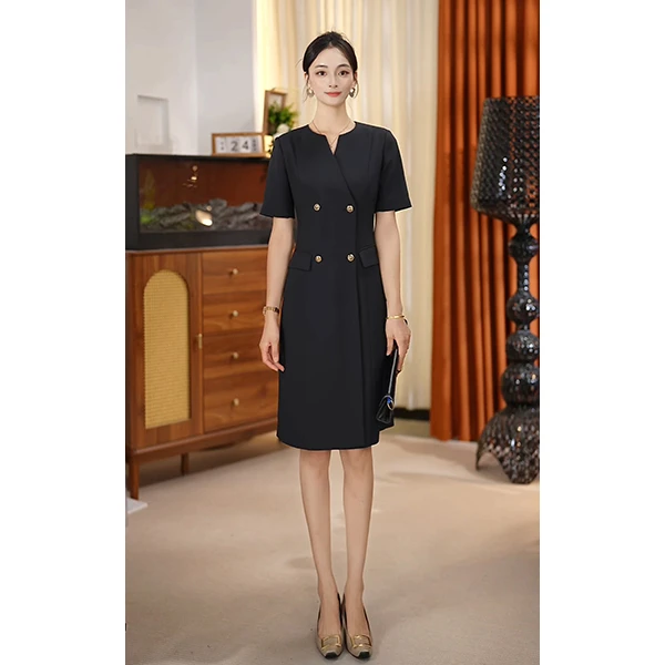 芳芳推荐2025夏季深藏青西装气质连衣裙中长款修身收腰(PL221H)