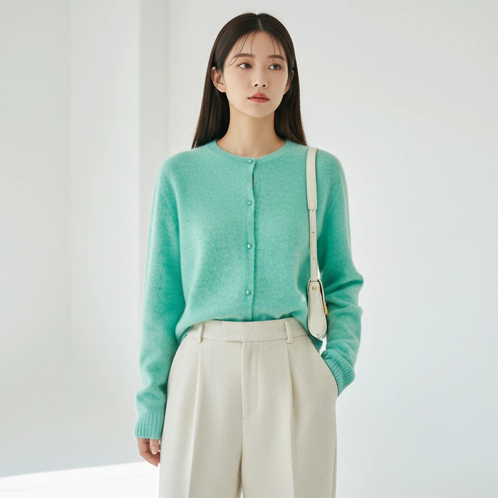 Grace&Glam 高级感羊毛羊绒无缝拉毛圆领开衫 简约休闲时尚百搭