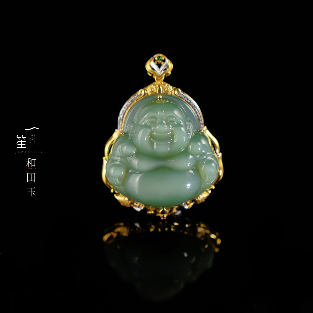 【一笙珠宝】天然和田玉高色粉青猫眼佛公吊坠 YS22411