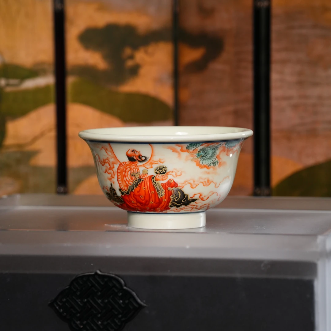 立勤堂丨二号釉红绿彩罗汉压手杯容量60ml手工茶杯陶瓷