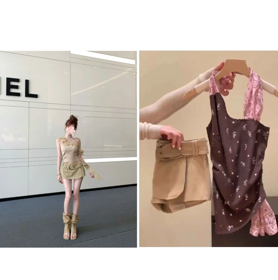 绝美斜肩荷叶拼接针织衫复古卡其色酷飒女装高级羽绒服