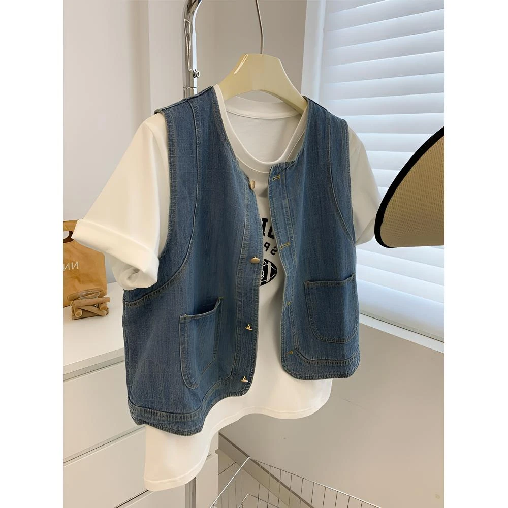 日系小众复古拼接圆领牛仔马甲女夏季无袖薄款小个子休闲背心上衣