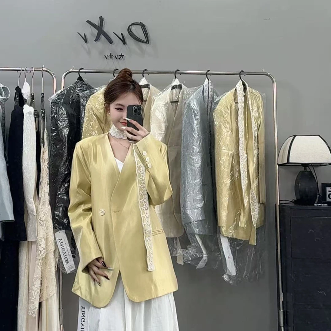 高级感气质蕾丝飘带v领西装外套女2025春季新款韩版宽松显瘦上衣
