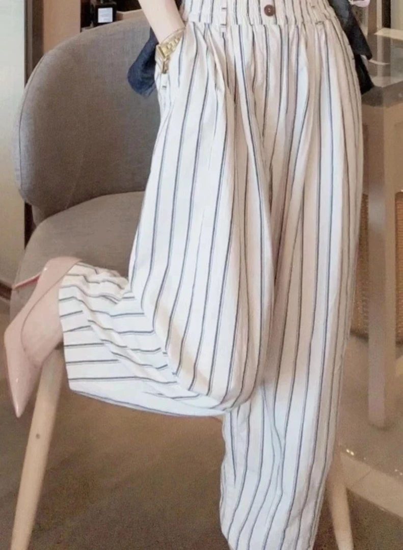 慵懒风竖条纹窄版阔腿裤女夏季新款高腰显瘦垂感直筒裤小个子长裤
