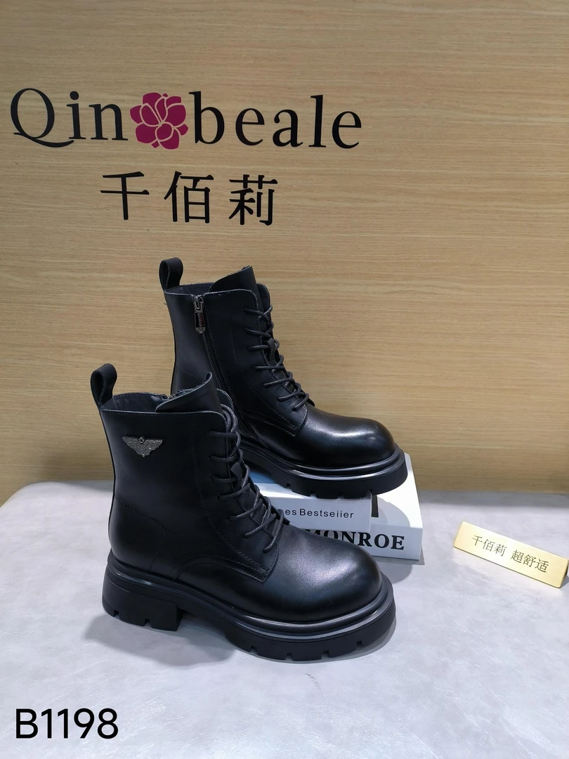 Qin&beale/千佰莉 全皮牛皮 橡胶底舒适 薄棉女靴鞋  B1198