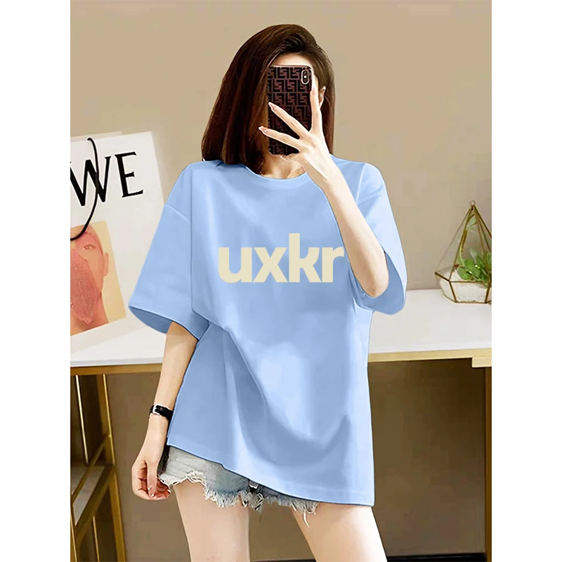 ins韩版天蓝色t恤纯棉打底衫女内搭夏季宽松百搭小众字母印花上衣
