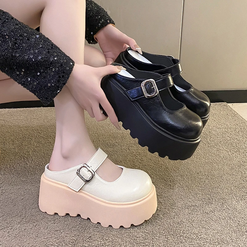 复古包头半拖鞋女春夏季外穿2025新款百搭小个子网红厚底勃肯鞋女
