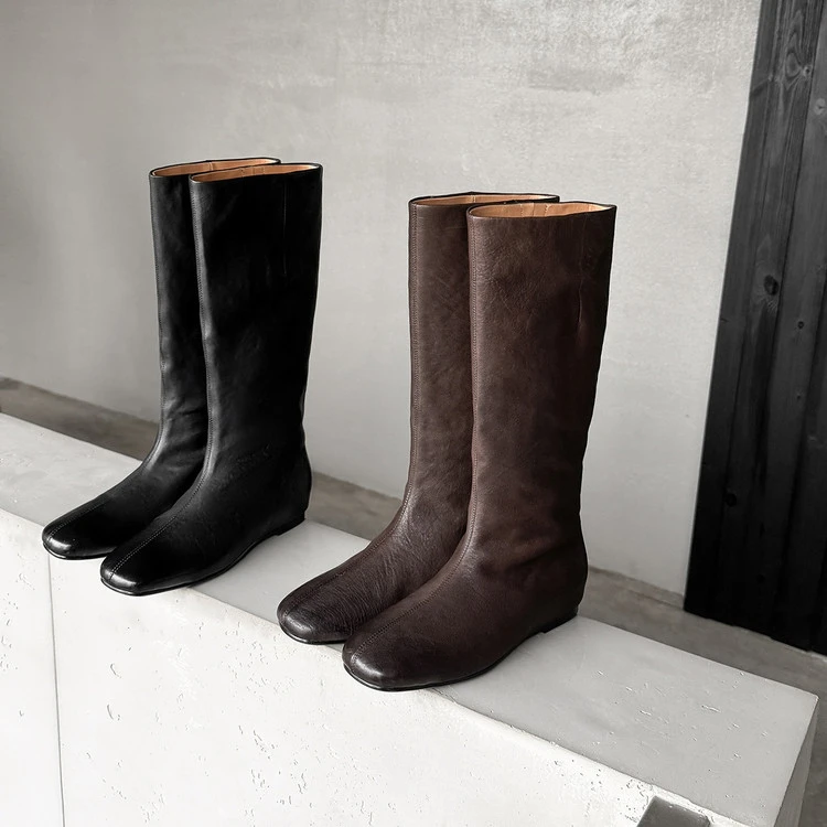 【跟高3.5CM】2025秋冬新款圆头内增高一脚蹬长靴时尚气质百搭高靴