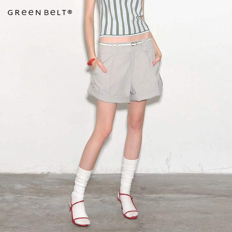 GREEN BELT城市旷野25夏翻折两穿宽松西装短裤女透气亲肤灰色短裤