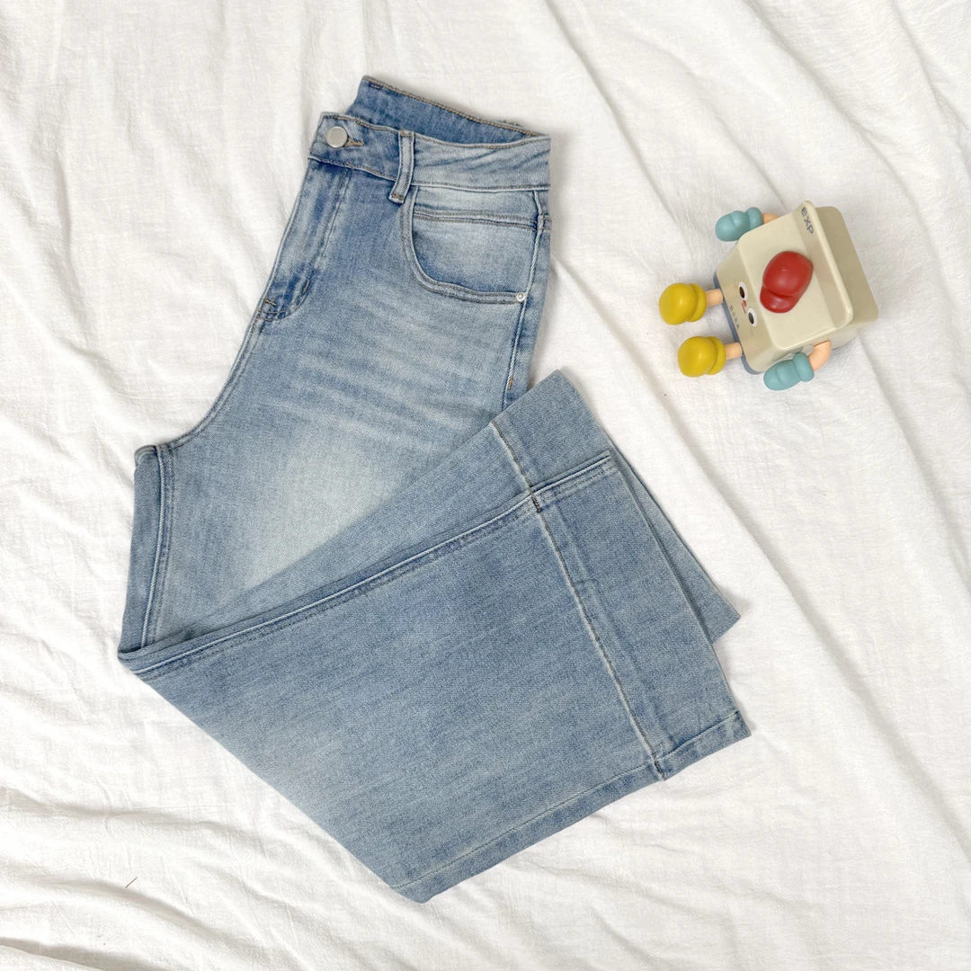 乐乐牛 超舒适面料！宽边9分阔腿裤遮肉王！高腰遮肉宽松直腿牛仔裤