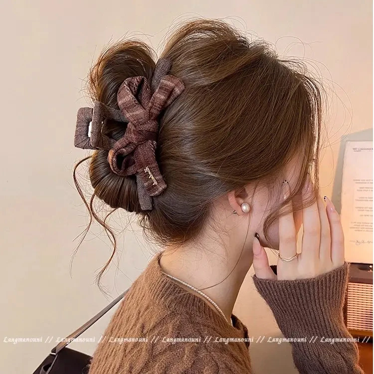 美拉德蝴蝶结抓夹女高级感大号鲨鱼夹子2025新款盘发夹后脑勺头饰